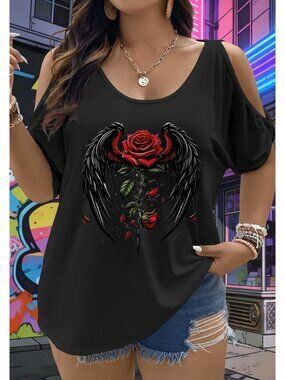 NEW Black Cold Shoulder Winged Rose Graphic Top 2XL